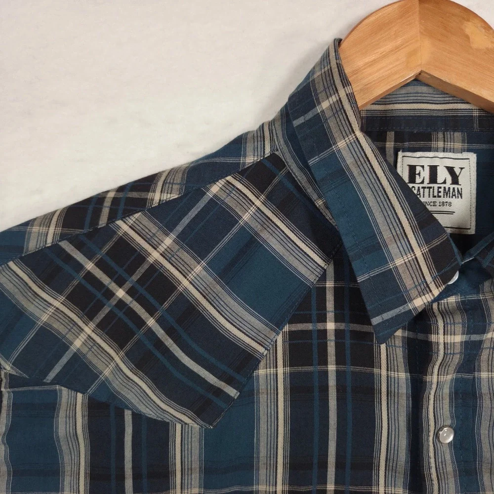 Ely Cattleman Mens XL Blue Plaid Western Short Sleeve Pearl Snap Cowboy Shirt